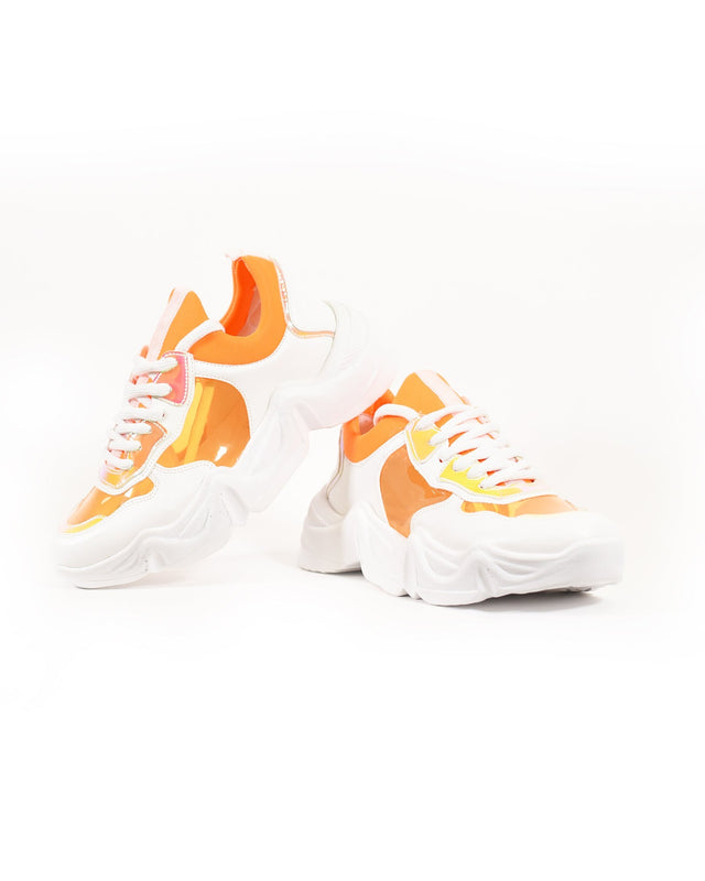 Edge White and Orange Sneakers with translucent side panels and chunky platform soles for urban streetwear style.