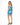 A woman poses in a blue abstract patterned crop top and matching mini skirt, showcasing a stylish one-shoulder design.