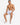 A shirtless man sits on a white pedestal wearing patterned swim shorts and casual slide sandals.