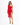 A model poses in a red, one-shoulder dress with a thigh-high slit and ruched detailing, paired with black heels.