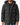 A black puffer coat with a fur-lined hood, featuring buttoned pockets and a zippered front.
