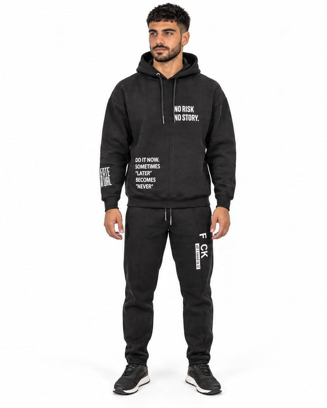 No Risk Pants Set in Black – hoodie and sweatpants with white slogan prints, front view