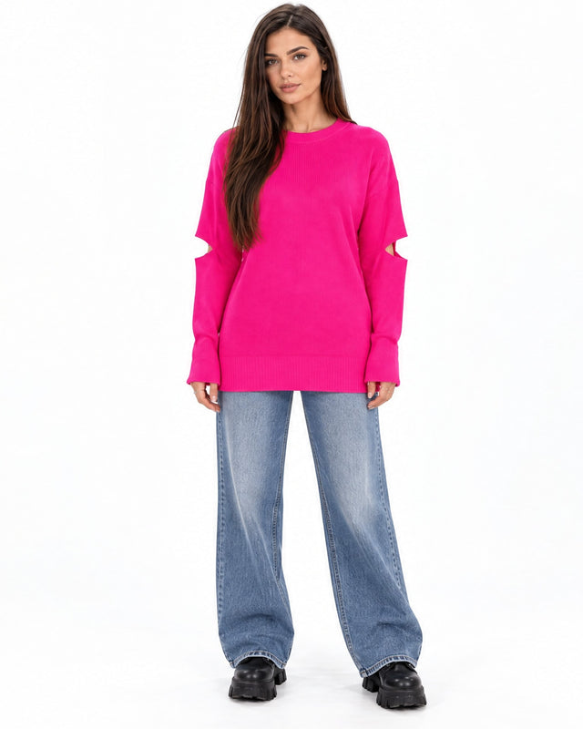 Brooke Sweater in Hot Pink – full-length front view with elbow cutout sleeves, worn with wide-leg jeans