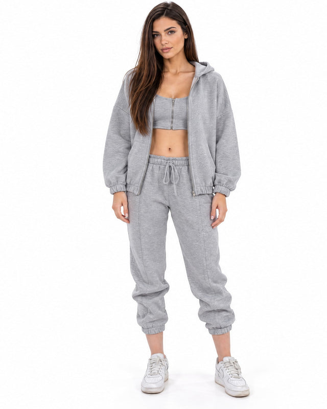 Lily Jacket Set in Gray – full-length front view of zip hoodie, zip-front crop top and drawstring joggers