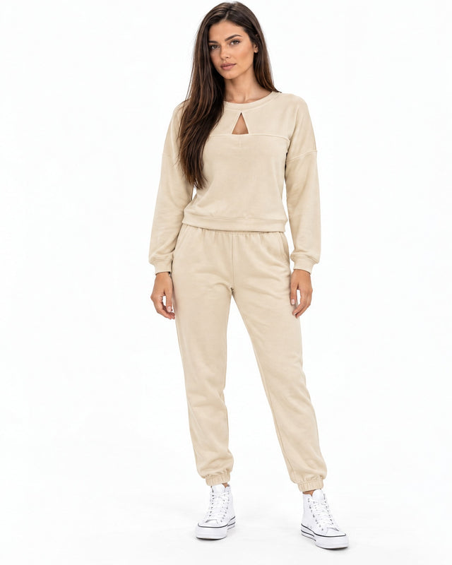 Collar Pants Set in Beige – full-length front view, keyhole cutout sweatshirt and cuffed joggers