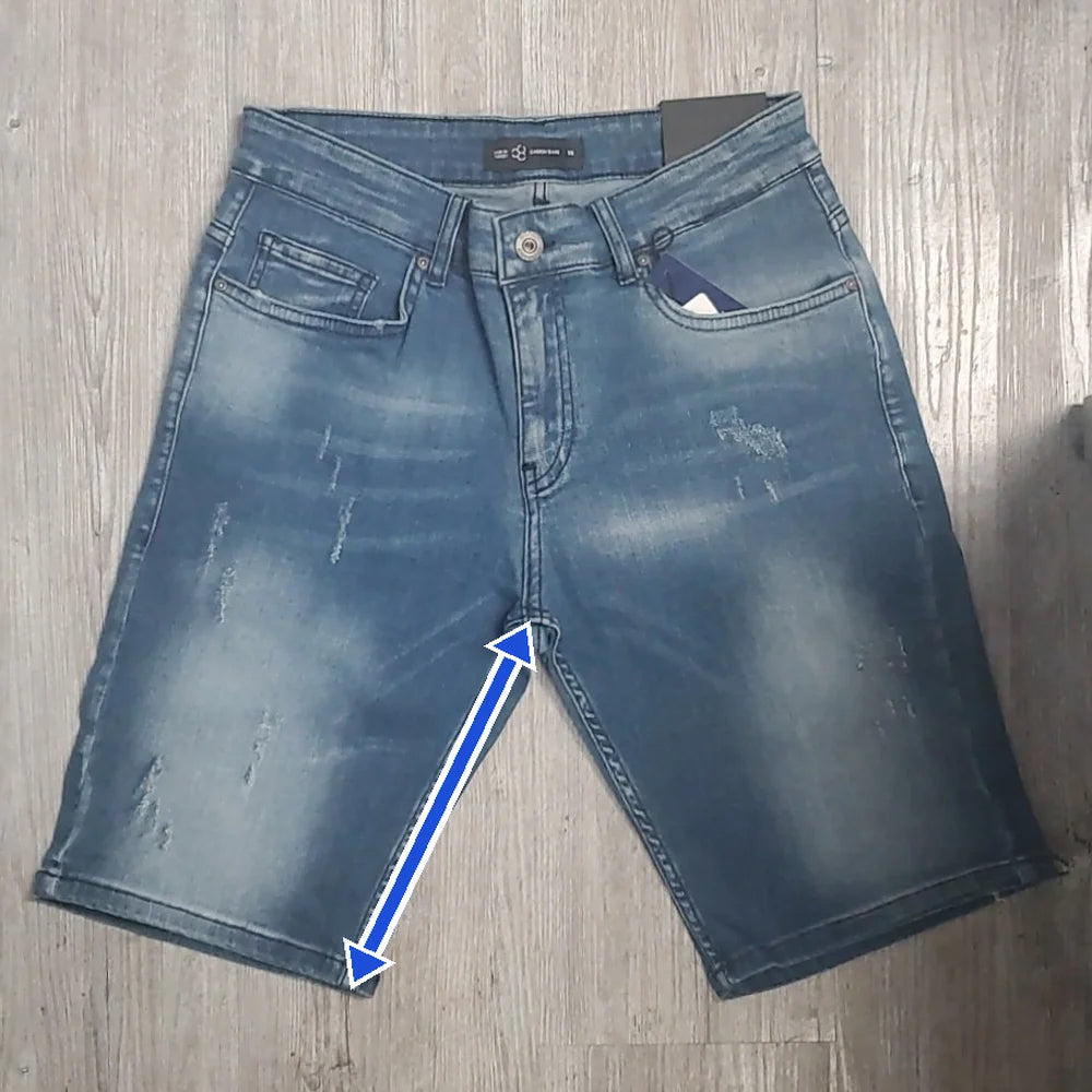 John Denim Shorts laid flat, an arrow from the crotch seam down the inner leg to the hem