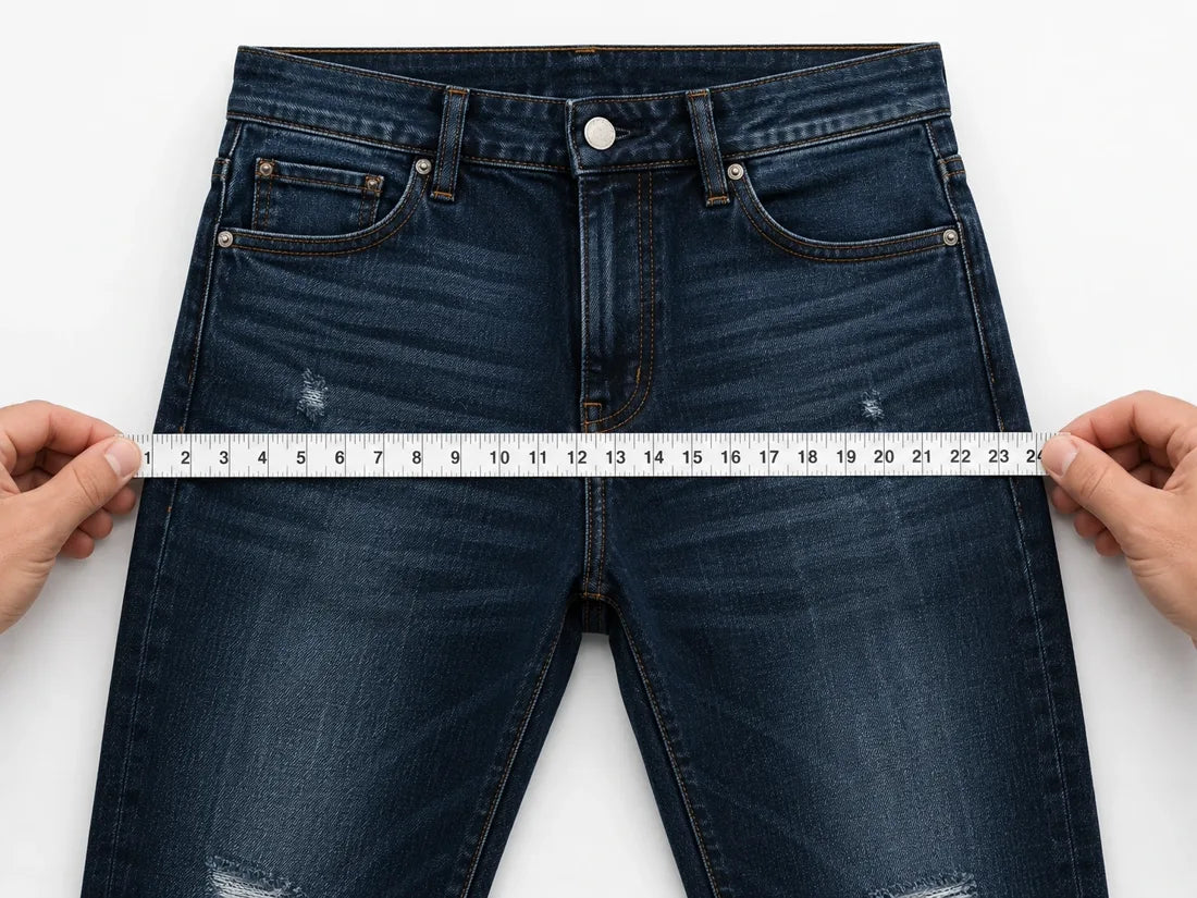 Jeans laid flat with a measuring tape across the widest hip area