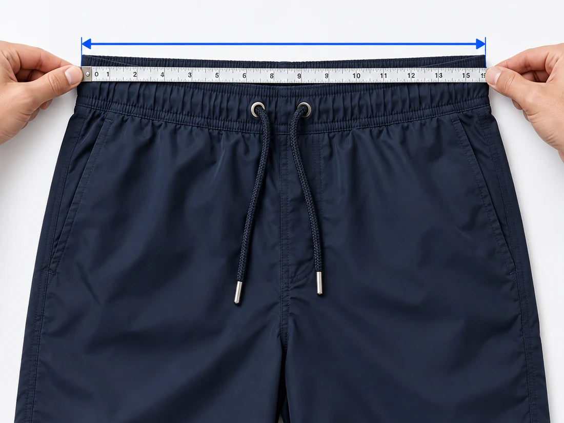 Navy swim shorts laid flat, a tape measure held across the top of the waistband from edge to edge
