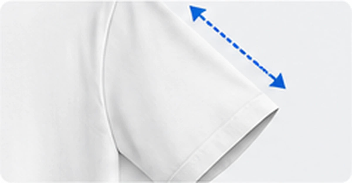 A T-shirt sleeve with an arrow running from the shoulder seam down to the sleeve opening