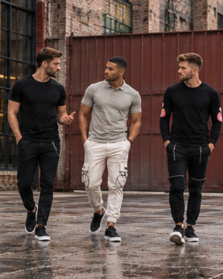 CARBON pants campaign featuring 3 adult men