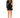 A model poses in a fitted black dress with a unique cutout design and one long sleeve, paired with strappy heels.
