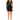A model poses in a fitted black dress with a unique cutout design and one long sleeve, paired with strappy heels.