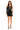 A model poses in a fitted black dress with a unique cutout design and one long sleeve, paired with strappy heels.