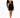 A model poses in a fitted black dress with long sleeves and a cutout design, paired with strappy heels.