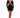 A model poses in a fitted black dress with long sleeves and a cutout design featuring a decorative tie detail.