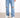 Light blue distressed jeans with ripped knees, paired with a white t-shirt and white sneakers.