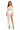 A model poses in a white off-the-shoulder outfit with sheer sleeves and a high-slit skirt.