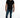 Man in Finn Slim Fit Blue Denim Jeans and black graphic t-shirt for a streetwear look against a white background.