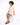 A model poses on a white pedestal wearing a light beige short-sleeve shirt and matching shorts with black heeled mules.