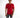 A model wearing a fitted red t-shirt with black text and distressed gray jeans, posing against a white background.