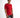 A model poses in a fitted red shirt with contrasting black and orange text on the sleeves and hem, paired with distre...
