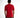 A person wearing a red short-sleeve shirt with contrasting text on the cuffs and hem, viewed from the back.