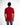 A person wearing a red short-sleeve shirt with contrasting text on the cuffs and hem, viewed from the back.