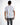 A person wearing a fitted white short-sleeve shirt with contrasting black text on the sleeves and hem.