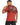 A man wearing a red graphic t-shirt with a distressed design and text on the back, posing sideways.