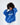Model in blue ADOREYOU oversized hoodie with white text, distressed details, and white drawstrings.