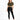 A woman stands confidently in a cropped olive green top tied at the waist, paired with black leggings and white sneak...