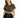 A woman poses in a cropped olive green top with a front tie, paired with black high-waisted leggings.