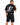 A person wearing a black graphic t-shirt with a silhouette design and black denim shorts, viewed from behind.