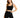 A model poses in a fitted black crop top and matching high-waisted shorts, showcasing a casual style.