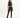 A model poses in a fitted black crop top and high-waisted pants with side slits, complemented by strappy heels.