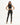 A model poses in a fitted black sleeveless top and high-waisted black pants with side slits.