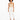 A model wearing a fitted beige bodysuit paired with tailored white pants and black strappy heels.