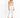 A model poses in a fitted beige bodysuit paired with tailored white pants and black strappy heels.