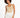 A model with curly hair poses in a beige bodysuit and white high-waisted pants against a plain background.