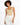 A model with curly hair poses in a beige bodysuit and white high-waisted pants against a plain background.