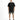 A man stands wearing a black oversized t-shirt with white text, paired with gradient shorts and black sneakers.