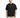 A man stands wearing a black oversized t-shirt with white text, paired with light ombre shorts.