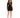 A model poses in a fitted black dress with a cutout design and one long sleeve, paired with strappy heels.