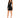 A model poses in a fitted black dress with an off-the-shoulder design and lace-up detailing, paired with strappy heels.