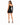 A woman stands in a fitted black dress with one long sleeve, showcasing a stylish back design and high heels.