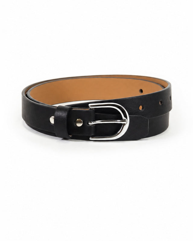 Black belt featuring a silver buckle and multiple adjustment holes for a customizable fit.
