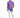 A man stands confidently in a purple t-shirt and light blue, distressed jeans with a tie-dye effect.