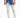 Light-wash jeans with a distressed design and blue tie-dye effect, paired with a purple shirt and white sneakers.