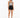 A model wearing a patterned bodysuit with black overalls and sneakers, showcasing a casual summer look.