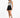 A model poses in a patterned bodysuit and high-waisted black shorts, paired with black sneakers.